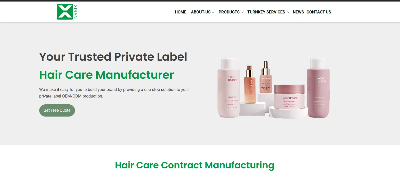 Private label hair care manufacturer offering OEM/ODM production with image of branded hair care products.